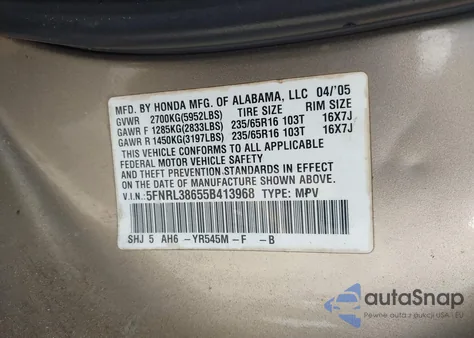 2005 Honda Odyssey Ex-L from USA, damaged, VIN 5FNRL38655B413968